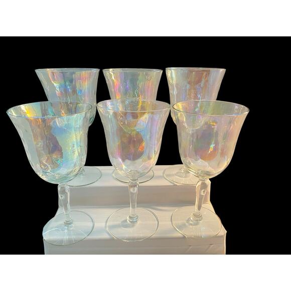 6 Fostoria Crystal Pearl Shell Iridescent Wine Glasses Loop Optics - Picture 11 of 15